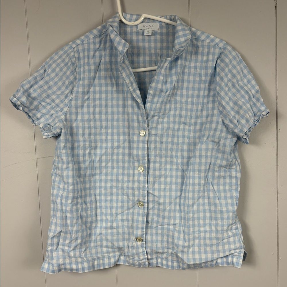 Love by Gap Blue White Gingham Button Down Pajama Top Medium Plaid Loungewear